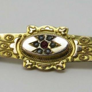 Antique Victorian 9ct Gold Ruby & Seed Pearl Sentiment Mourning Pin/ Brooch