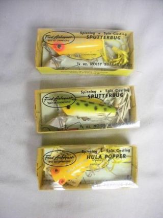 3 Mib Fred Arbogast Fishing Lure Hula Popper 2 Sputterbug W/box & Paper