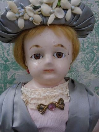 Exquisite 24” Antique Wax Over Paper Mache Lady Doll With Paperweight Glass Eyes