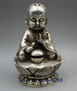 Old Tibetan Silver Incense Burners Hand Carved Buddhism Small Monk