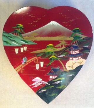 Vintage Lacquer Japanese Heart Box With Colored Scene,  Black Interior,  1952