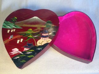 Vintage Lacquer Japanese Heart Box With Colored Scene,  Black Interior,  1952 5