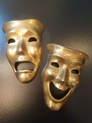 Vintage Brass Comedy Tragedy Theater Happy Sad Wall Decor.  Set Of Two 7 Inch
