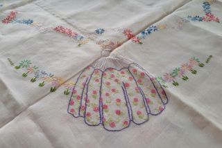 Beautifulifully Hand Embroidered Tablecloth.  Crinoline Ladies.  Large 51 " X 51 "