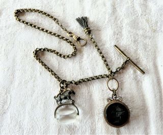Antique Watch Fob With 2 Spinners Crystal & Horse And Round Black Centurian