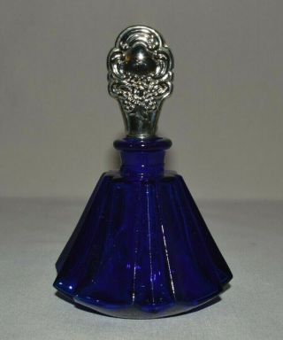 Cobalt Blue Glass Perfume Bottle W/silver Plated Topper Flared Top To Bottom 5 "