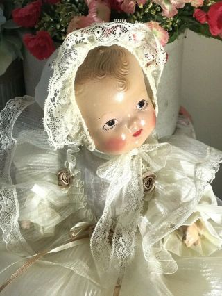 Vintage All Composition Baby Doll Jointed Christening Gown Bonnet Lace