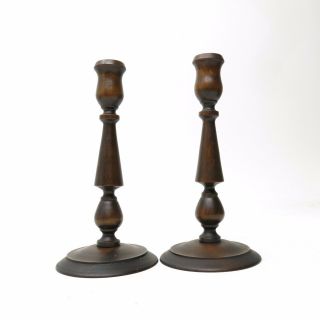 Antique Vintage Pair Dark Wood Turned Candlesticks Candle Holders 9.  5 " Tall