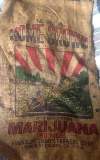 Vintage Usa Home Grown Brand Marijuana Burlap Hessian Sack 35” X 21”