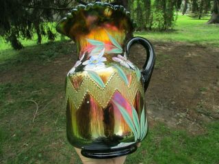 Fenton Columbine Antique Carnival Art Glass Enameled Water Pitcher Green