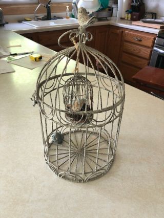 Small Primitive Vintage Tin Wire Bird Cage With Ceramic Birds And Cage Inside
