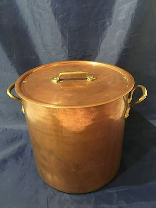 Vintage Copper 8 Quart Tin Lined Stock Pot W/ Brass Handles By Waldow Bklyn,  Ny