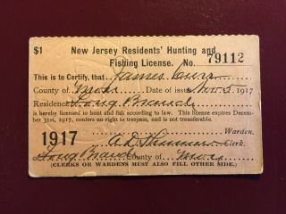 1917 Vintage State Of Jersey Hunting And Sport Fishing License (paper)