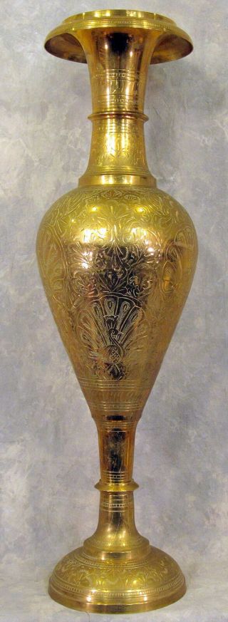Vintage Tall Extra Large 32 " Tall Brass Etched Ornate Vase Made In India