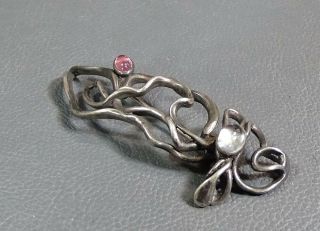 Antique Arts&Crafts Nouveau Sterling Silver w/Moonstone Amethyst Gems Brooch Pin 4