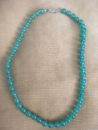 Antique Vintage Green Glass Bead Necklace With 14kt Gold Clasp