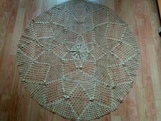 Antique Vintage Handmade Round Crochet Lace Ecru Tablecloth Runner 40 "