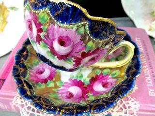 Nippon Tea Cup And Saucer Painted Flowers Roses Pattern Teacup Cobalt Blue
