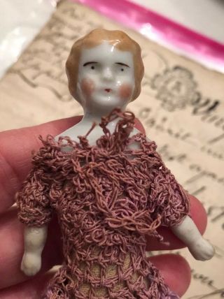 Antique Bisque German 4” Dollhouse Doll House Doll Lavender Crochet Outfit
