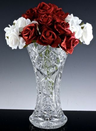 Stunning Large Heavy Bohemian Czech Deeply Cut Crystal Glass Roses Flowers Vase