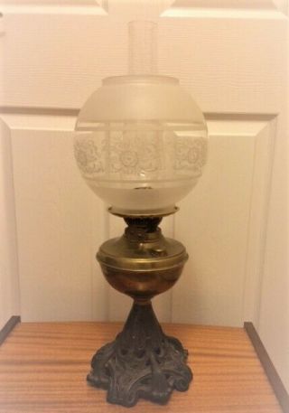 Victorian Oil Lamp Cast Iron 1887 Rd 40 No 82 Chimney And Shade - -