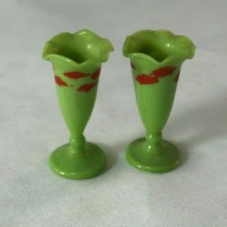 Vintage Green Glass Footed Vases With Red Leaf Decoration