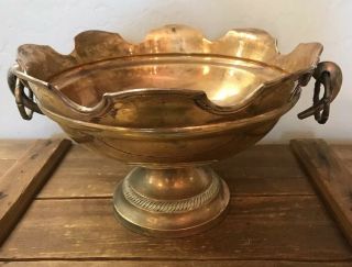 Vintage Solid Brass Bowl Large W/ Ring Handles,  Pedestal Base “wild Wood Lamps”