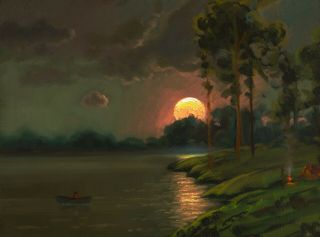 Oil Painting Landscape Western Art Antique Vintage Camping Moon Boat Max Cole