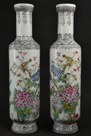 A Pair Exquisite Chinese Old Porcelain Handwork Flower Bird Vase Rn