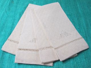 Antique 4 Italian Woven Linen Towels R N T Monograms Punto Quadro Hemstitching