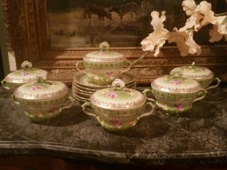 Set Of 6 Antique Hand Painted Covered Bouillon Cup & Saucers Green Pink & Gold