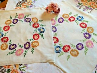 Pretty Bright Florals Vintage Hand Embroidered Rayon Cushion Covers X 2 18 X 18 "
