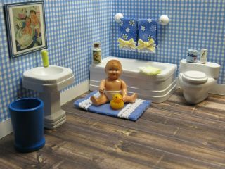 Strombecker Bathroom Set W/ Renwal Baby,  Vintage Wooden Dollhouse Furniture
