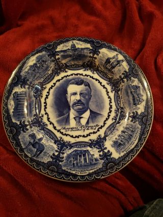 Antique Theodore Teddy Roosevelt Rowland Marsellus Staffordshire Flow Blue Plate
