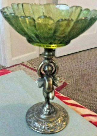 Vintage Green Glass Cherub Candy Dish