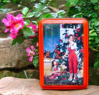 Vintage French Candy Tin,  Little Girl Gardening With Her Mother And Dogs