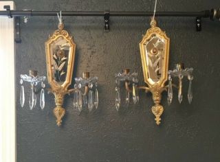 Ornate Antique Brass Wall Candle Sconces With Mirrors And Glass Prisms