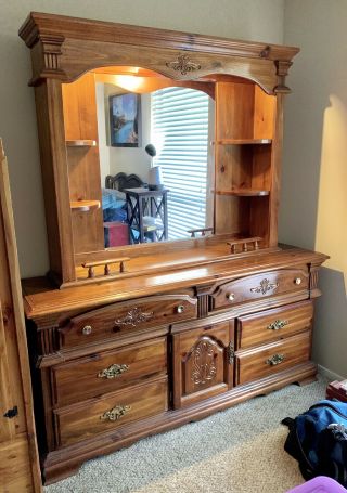 Vintage Dresser With Mirror And Hutch With Light
