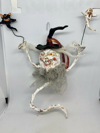 Primitive Handsculpted Papermache Halloween Ghost Witch & Ghost Black Cat 7”