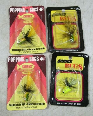 4 Vintage Gaines Popping Bugs Fly Fishing Lures Nos Moc Handmade Usa