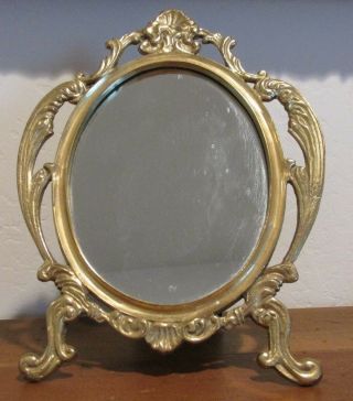 Vintage Ornate Brass Standing Mirror With Shell & Scrolls