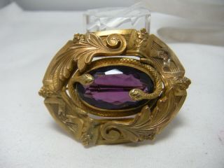 Antique Art Nouveau Revival Large Purple Crystal Brass Snake Sash Pin Brooch 3 "