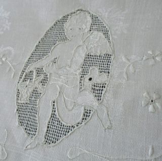 Vintage Linen Damask Large 47 " Towel Appenzel Embroidery Cherub Drawnwork Fringe