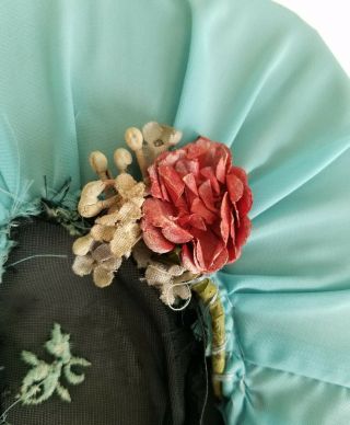 Vintage Vtg Doll Bonnet Hat Blue Millinery Flower Floral A6
