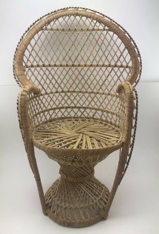 Vintage Doll Furniture Chair Display Peacock Fan Back Wicker Rattan 8 Inc High