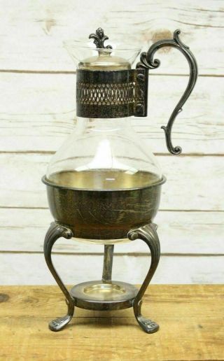 Antique Fb Rogers Pewter Corning Glass Carafe Tea Coffee Pitcher Pot Warming