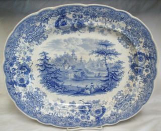 Antique 1830 Wr & Co England Ridgway Tyrolean Blue Transferware Platter 15 " Htf