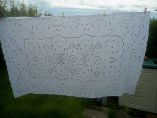 Stunning White Cotton Large Cut Work Embroidered Tablecloth 96 " X 62 "