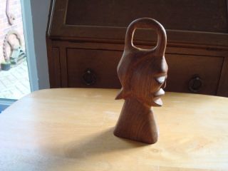 Vintage Ethnic Wooden Carved Head Ornament With Loop Top Approx.  8 " Tall