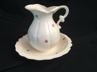 Small Wash Bowl Basin Water Pitcher Rose Buds Shabby Pink Chic Scallop Edge 5.  5”